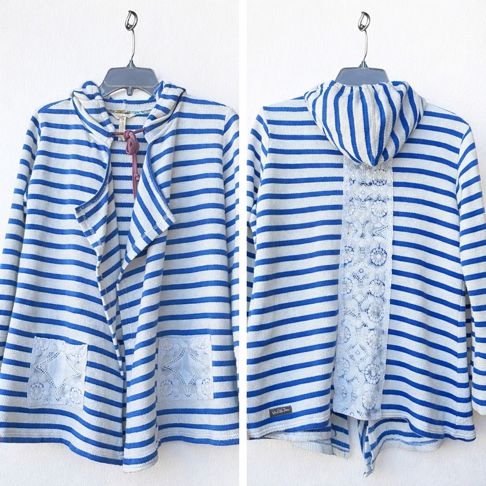 Matilda Jane Open Hooded Striped Beachy Coastal Lace Nautical Cottage Cardigan
